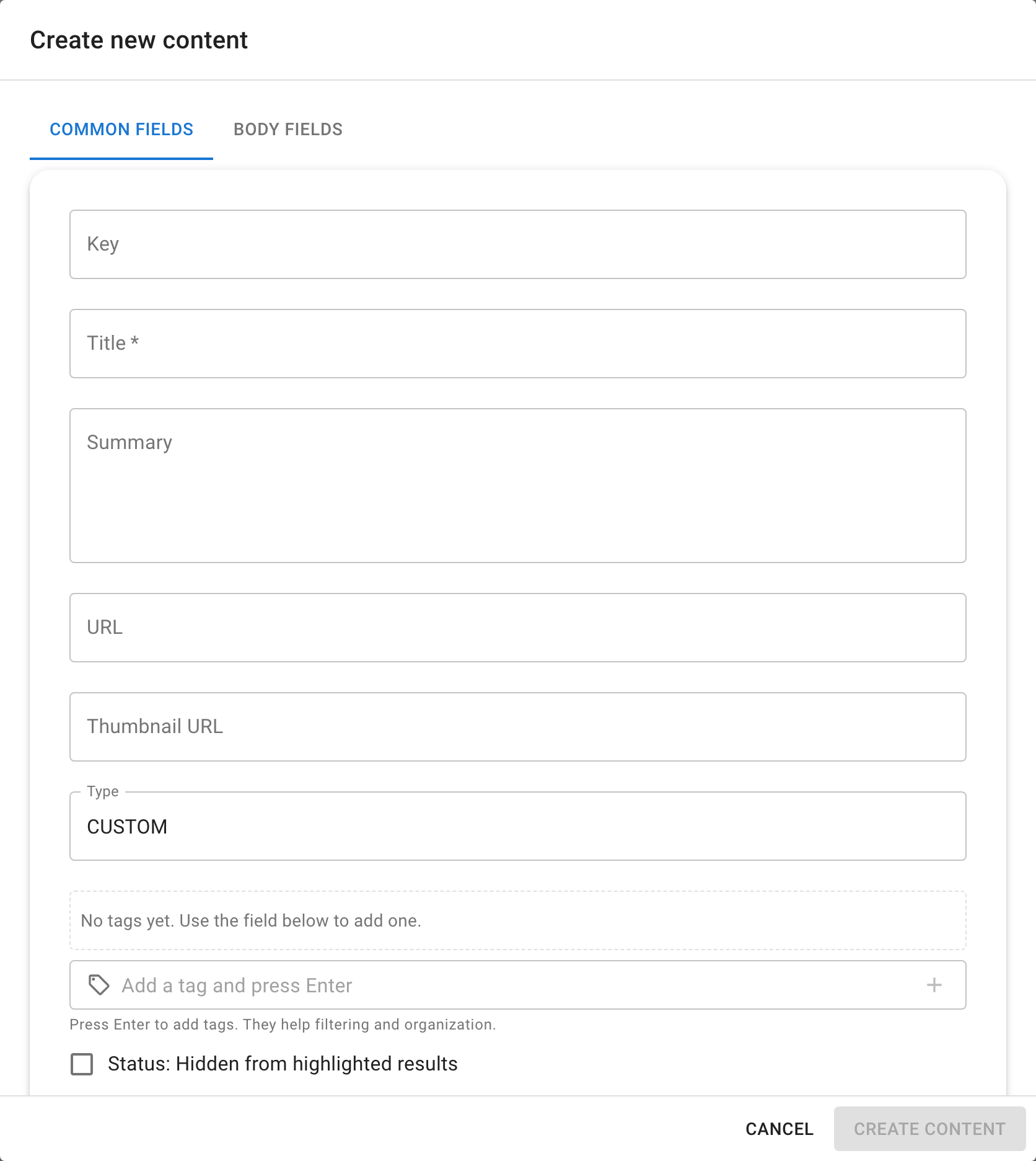 The Create-new-content modal — Title, Summary, URL, Type, tags, and the "Hidden from highlighted results" toggle, with a Body Fields tab (sample data).
