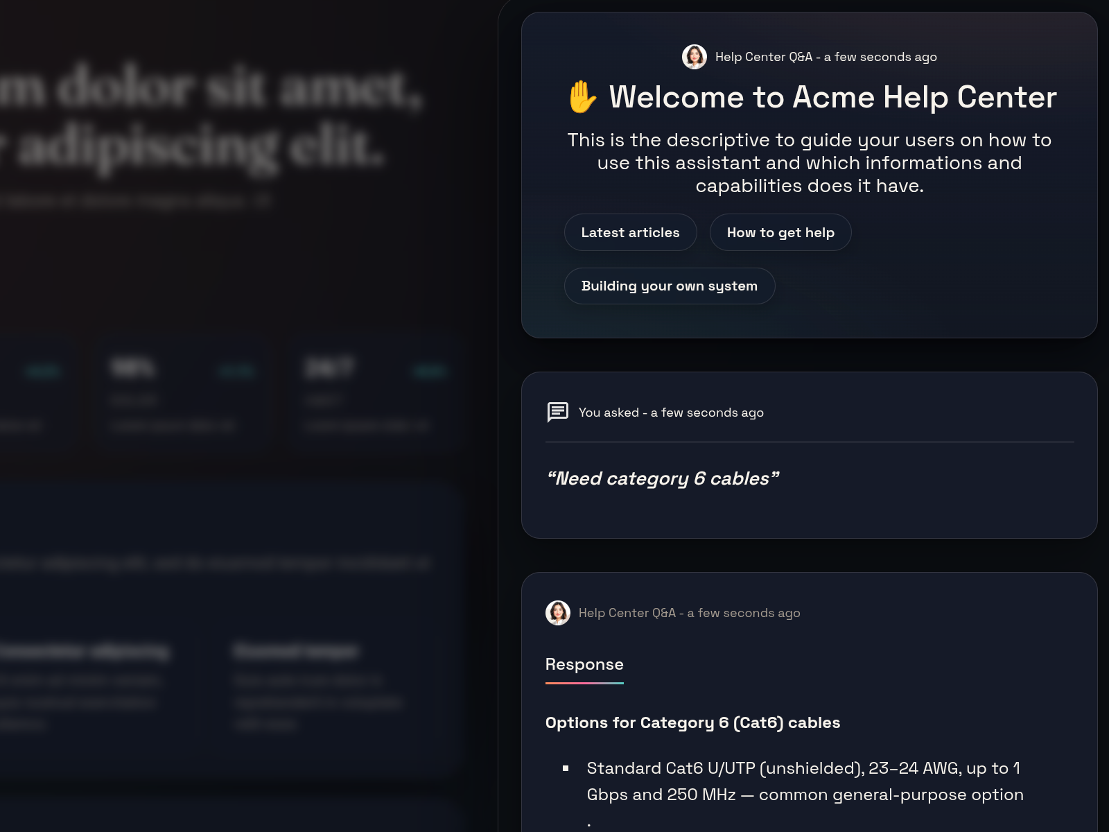 The embedded preview — the assistant running on a sample website page, showing the welcome message, hints, a conversation with an answer, and the highlighted source cards below (sample data).