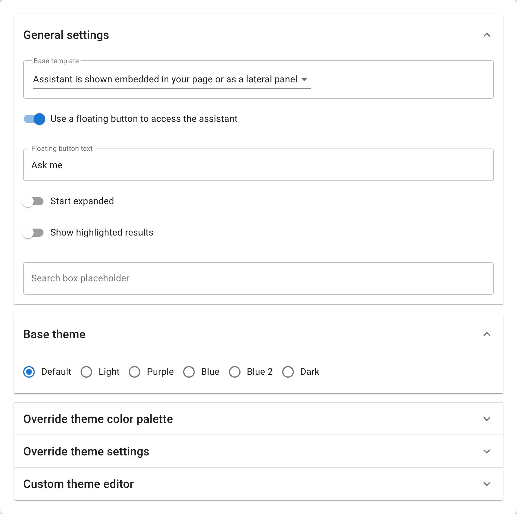 The Appearance tab — the base template selector, the floating-button toggle and its label, the base-theme presets, and the color palette overrides (sample data).