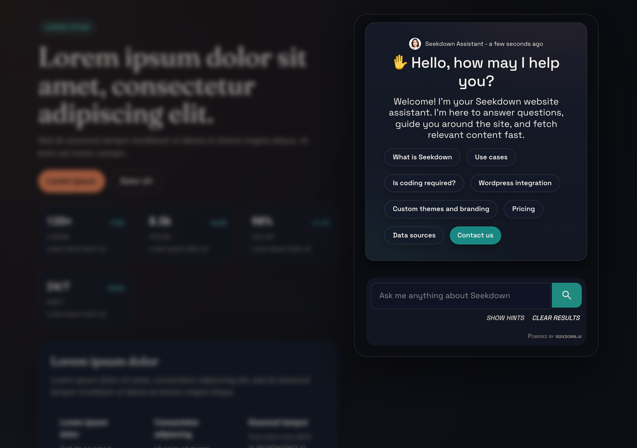 The embedded inline mode — the assistant rendered as a panel inside the page layout, showing the welcome message, hints, and the search input alongside the website content.
