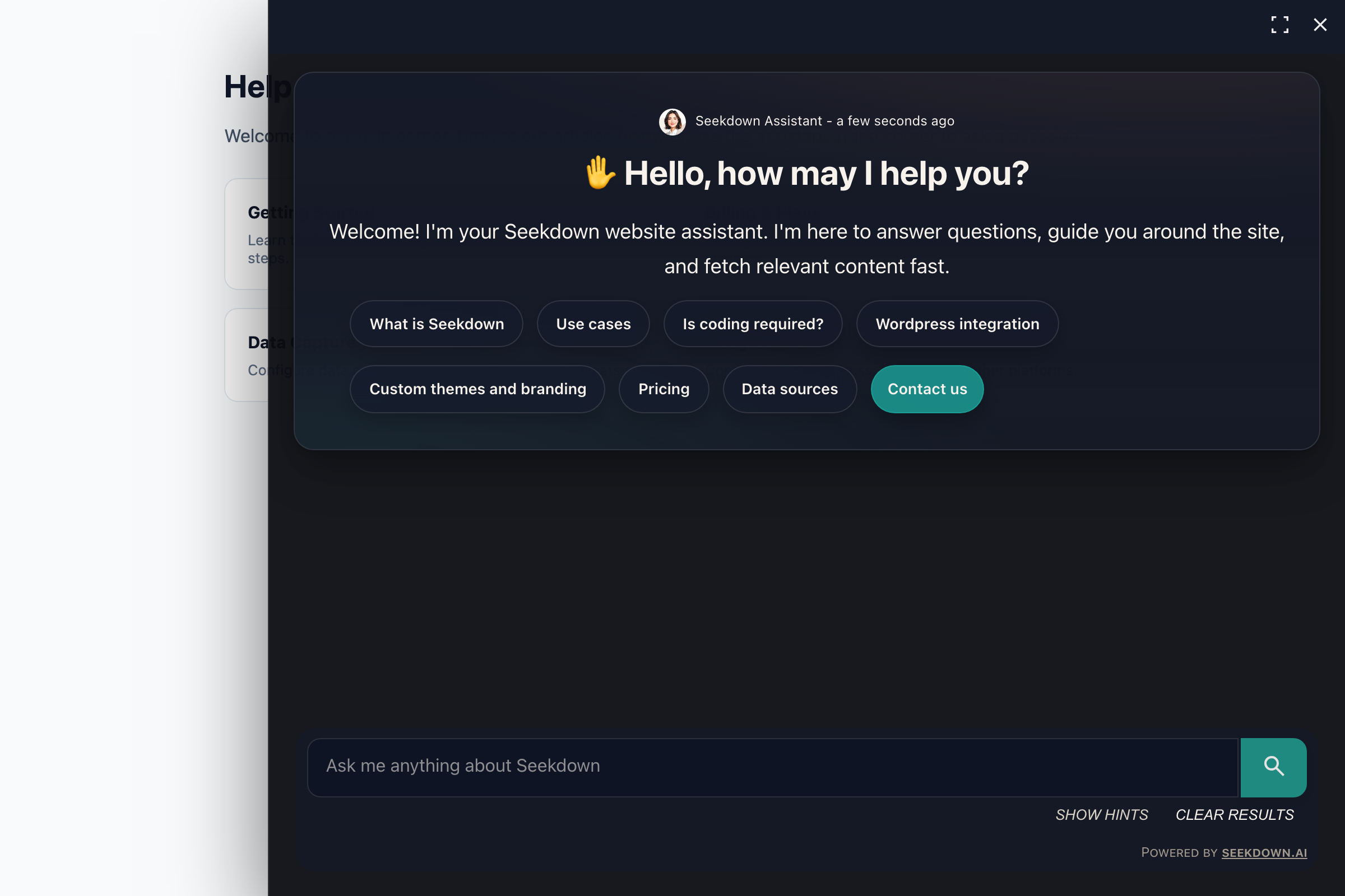 The floating button mode — a chat window floats over the page content, showing the welcome message, hint buttons, and a search input at the bottom.