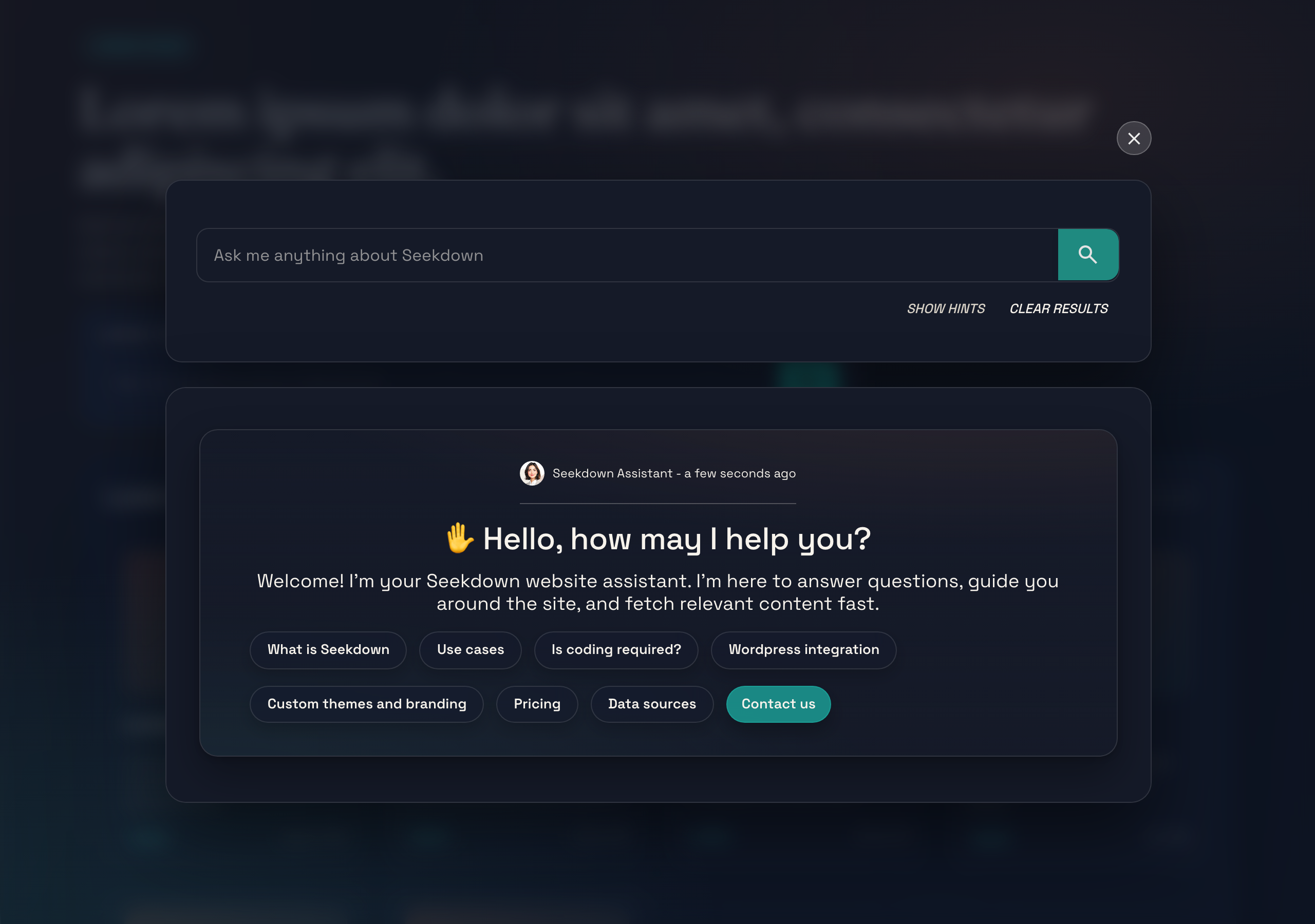 The overlay modal — the search input expands into a modal showing the assistant's welcome message, hints, and search bar, with the page content blurred behind it.