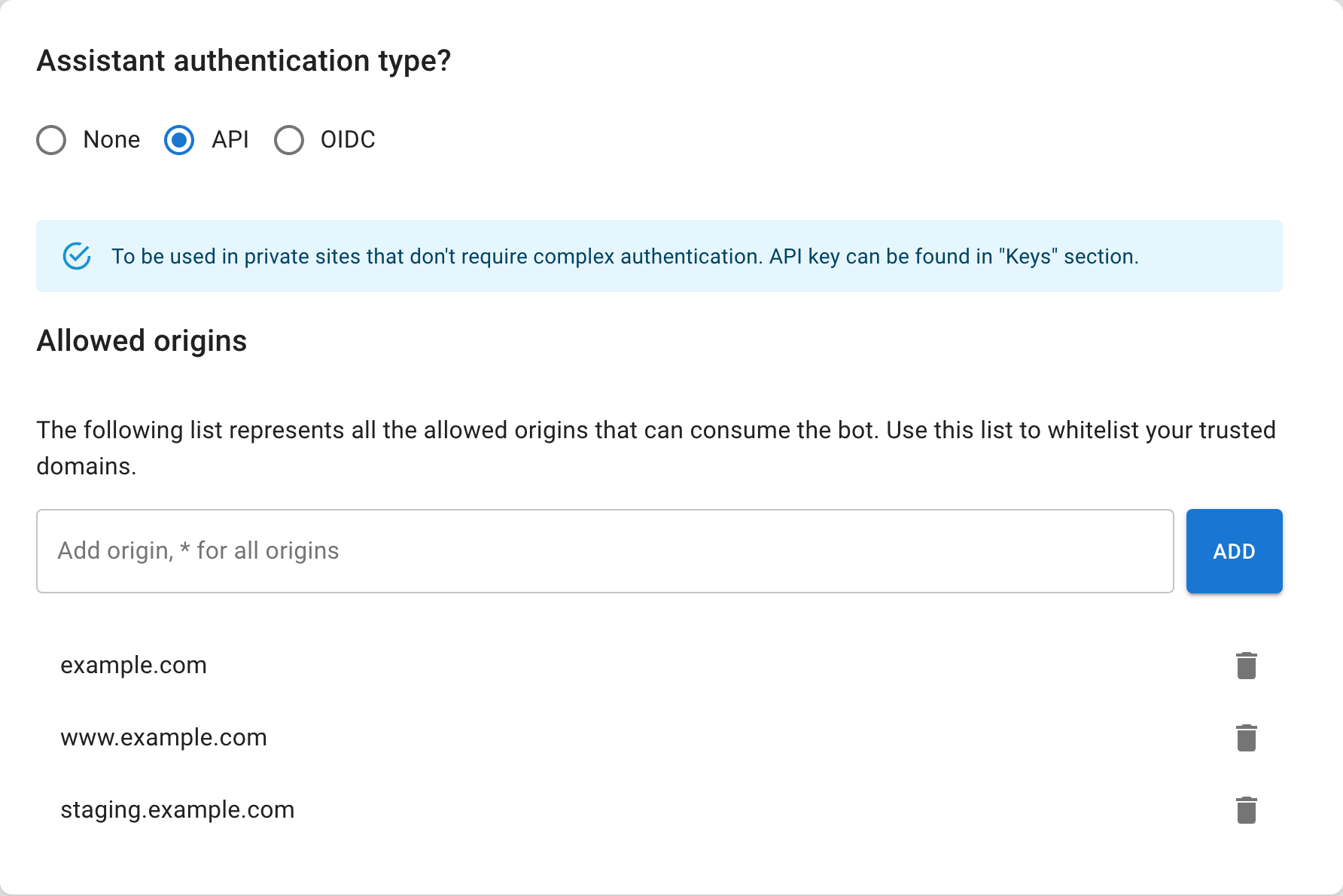 The Security tab — the authentication type (None / API / OIDC) and the allowed-origins list that whitelists the domains permitted to load the assistant (sample data).
