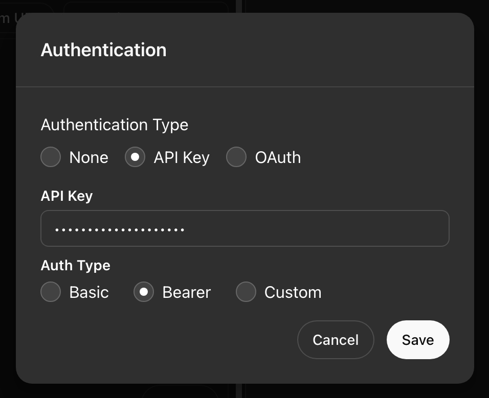 The Authentication dialog — API Key mode, Bearer type, and the key input.