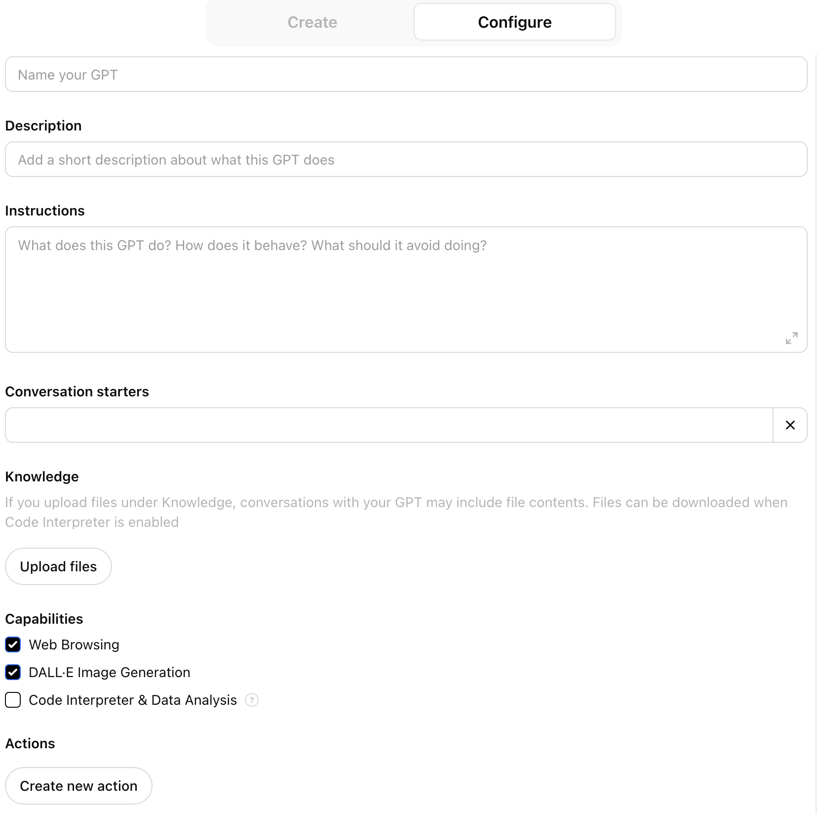 The GPT Configure tab — the name, description, and instructions fields.