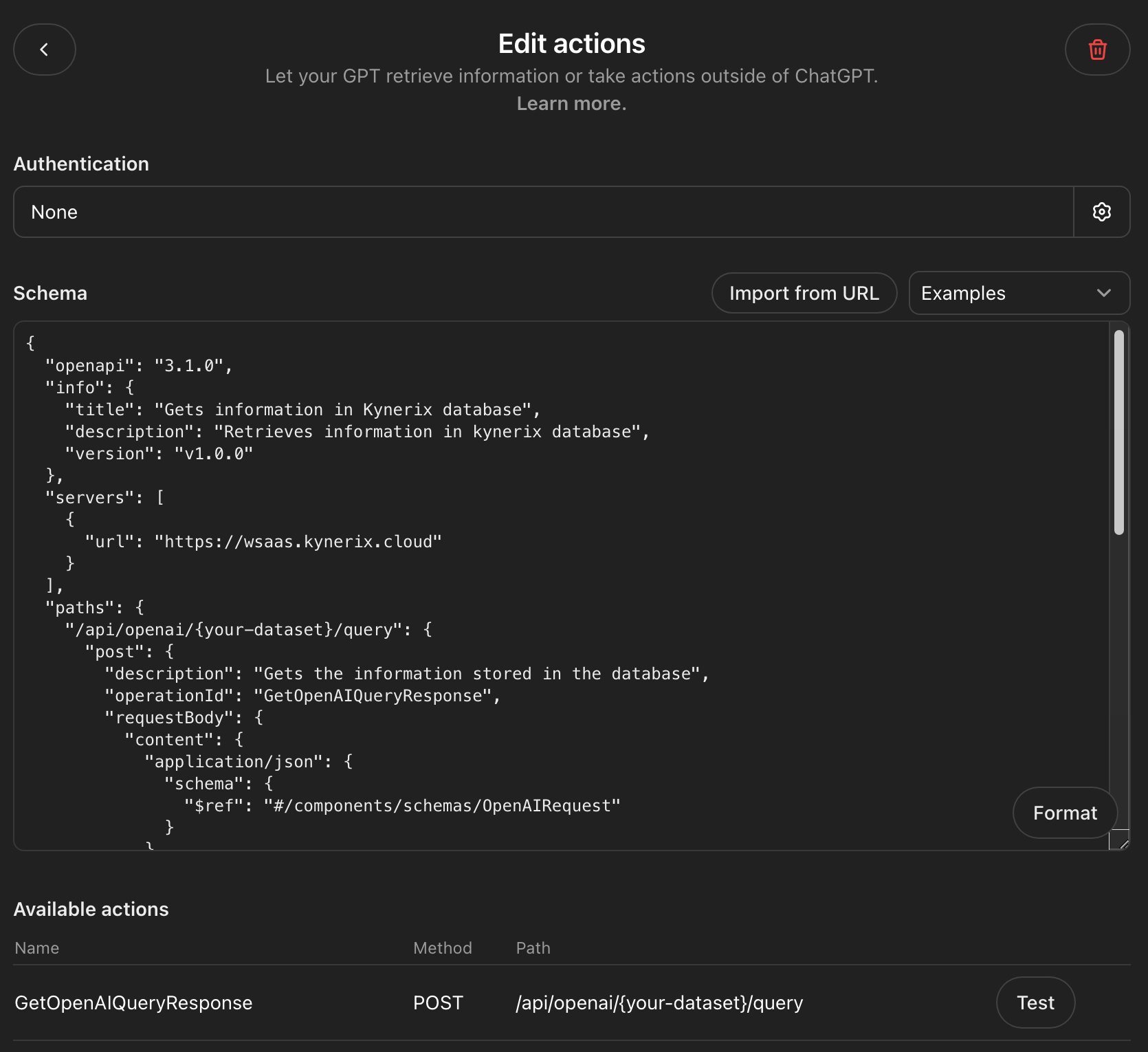 The action's Schema field where you paste the OpenAPI definition.