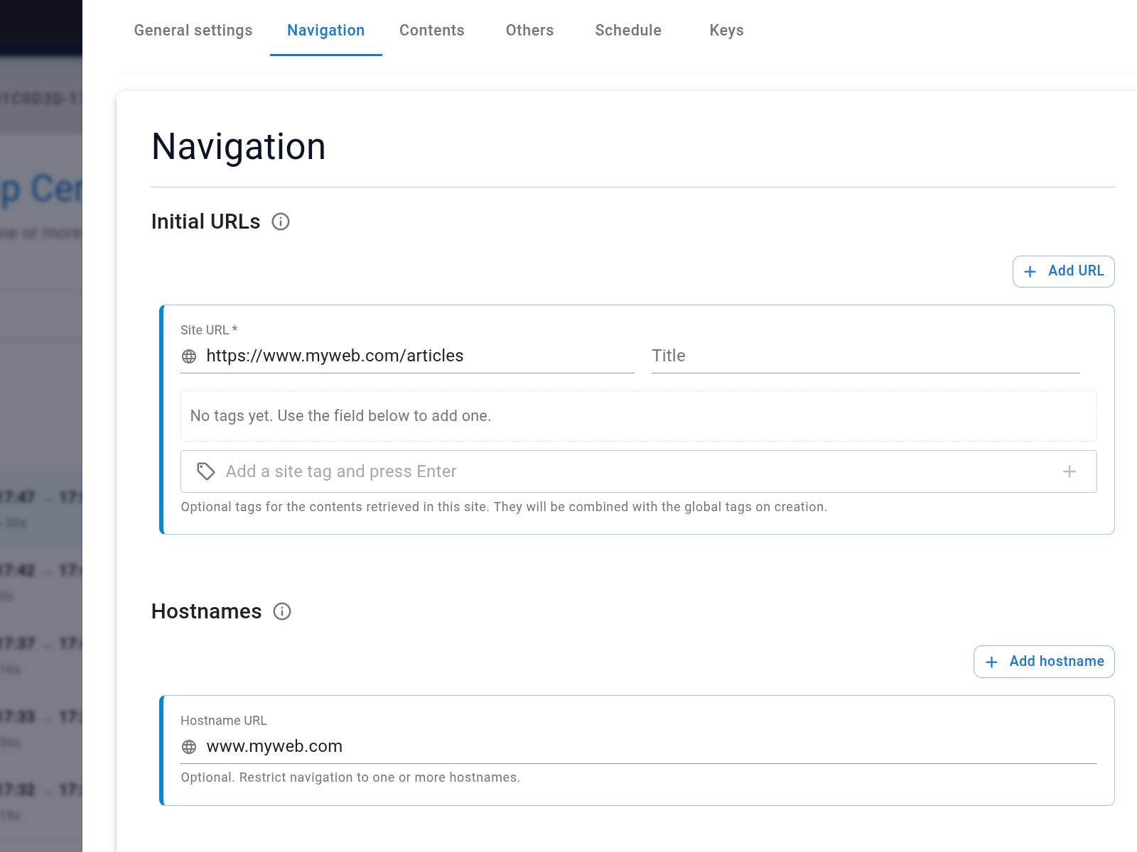 The job's Navigation settings — initial URLs with site tags, and the hostnames list that restricts the job to specific domains (sample data).