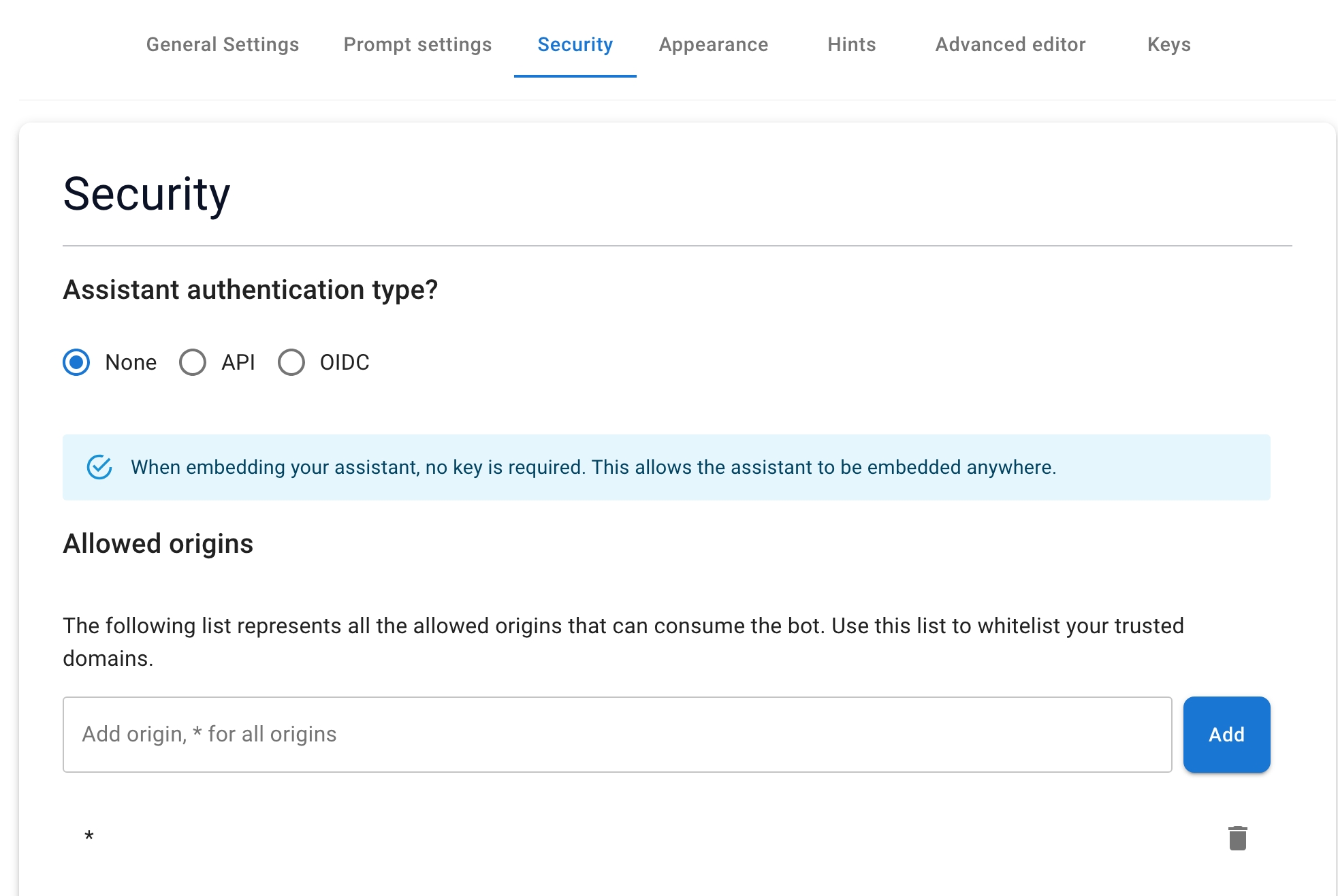 The assistant's security settings with allowed origins — add your Shopify domain here.