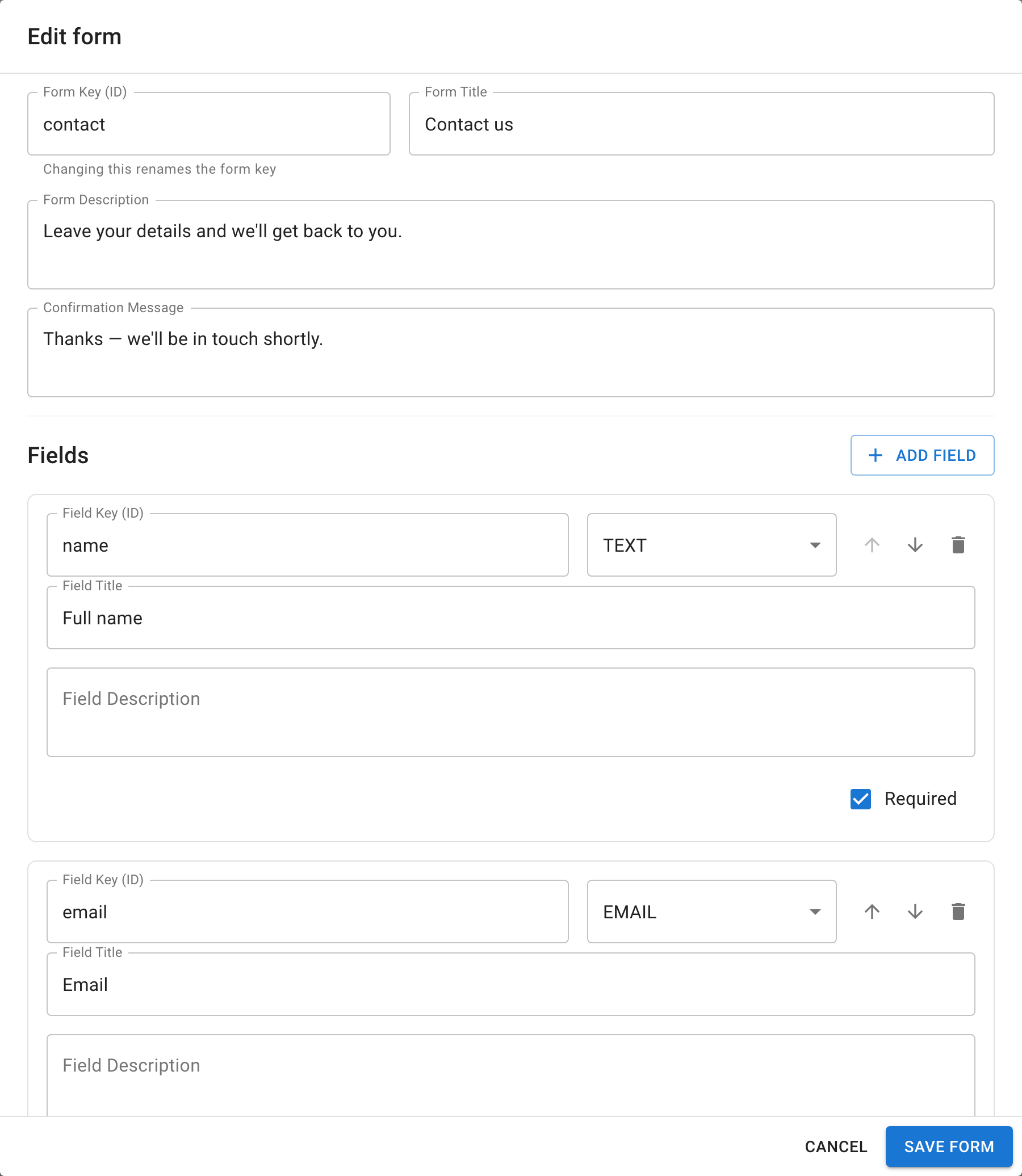 The form editor: each field's key, type dropdown, title, description, and the Required toggle — plus Add field (sample data).