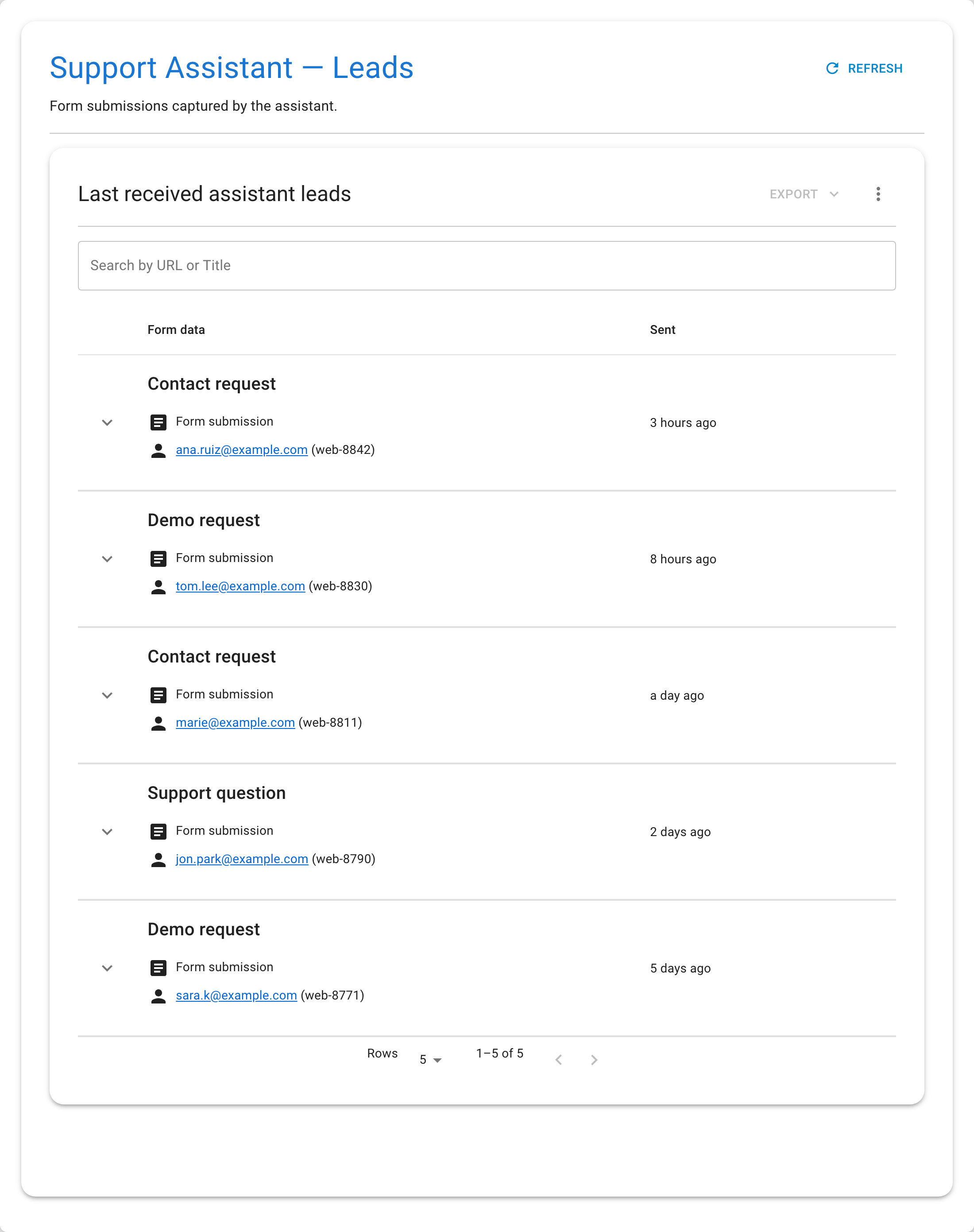 The leads view with the Export dropdown in the top-right corner — choose CSV or JSON to download all form submissions (sample data).