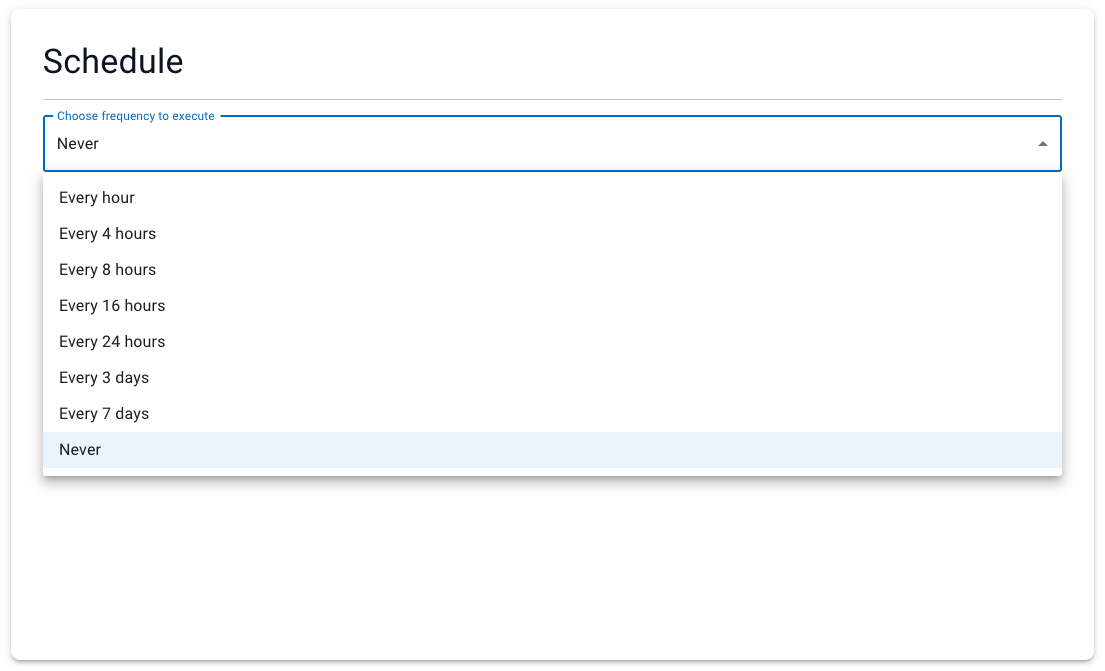 The Schedule section — a dropdown labelled "Choose frequency to execute" with options from Every hour to Never (sample data).
