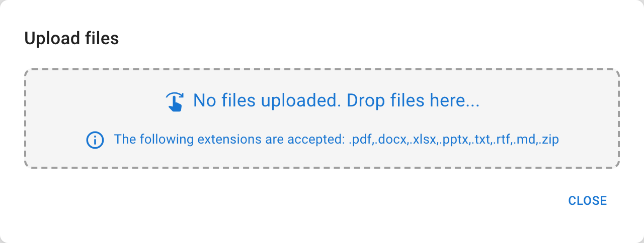 The upload area — drag files in or browse, with the accepted formats listed below (sample data).