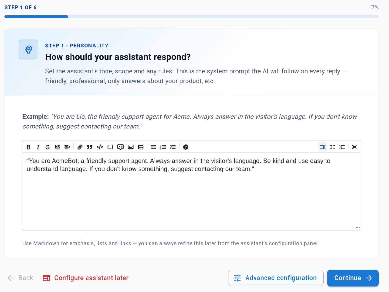 Step 1 · Personality — the system-prompt editor where you define how the assistant should respond (sample data).