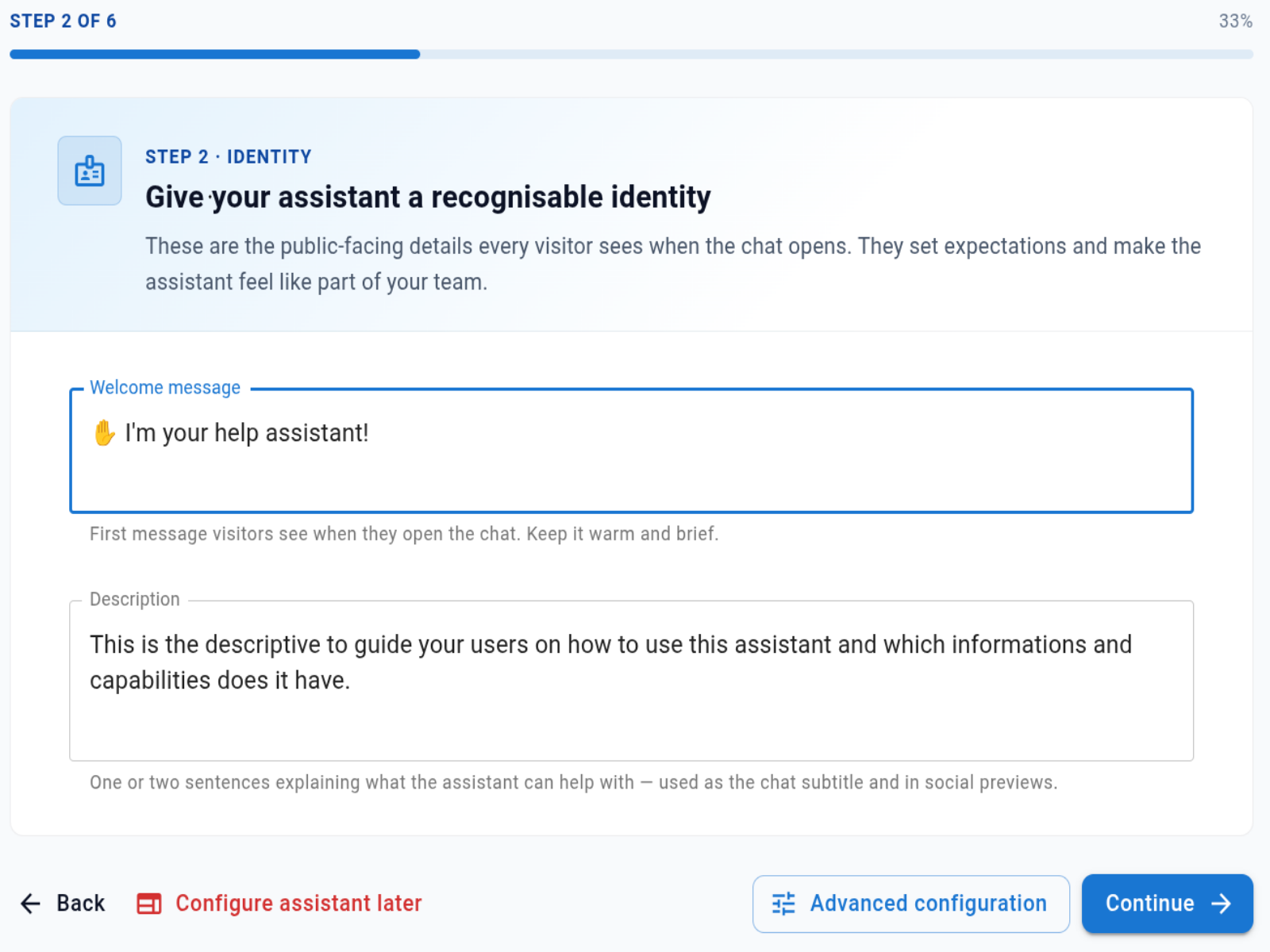 Step 2 · Identity — the welcome message and description fields (sample data).