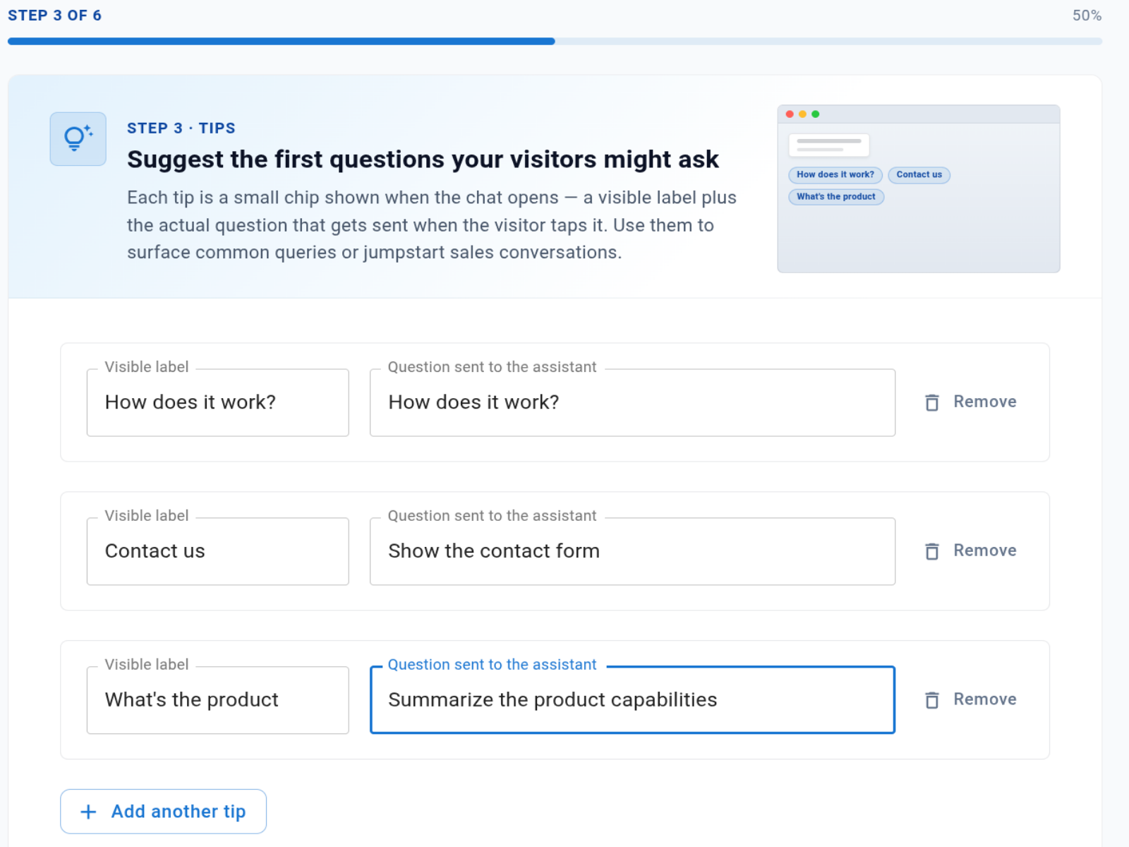 Step 3 · Tips — three suggested-question chips, each with a visible label and the actual question sent (sample data).