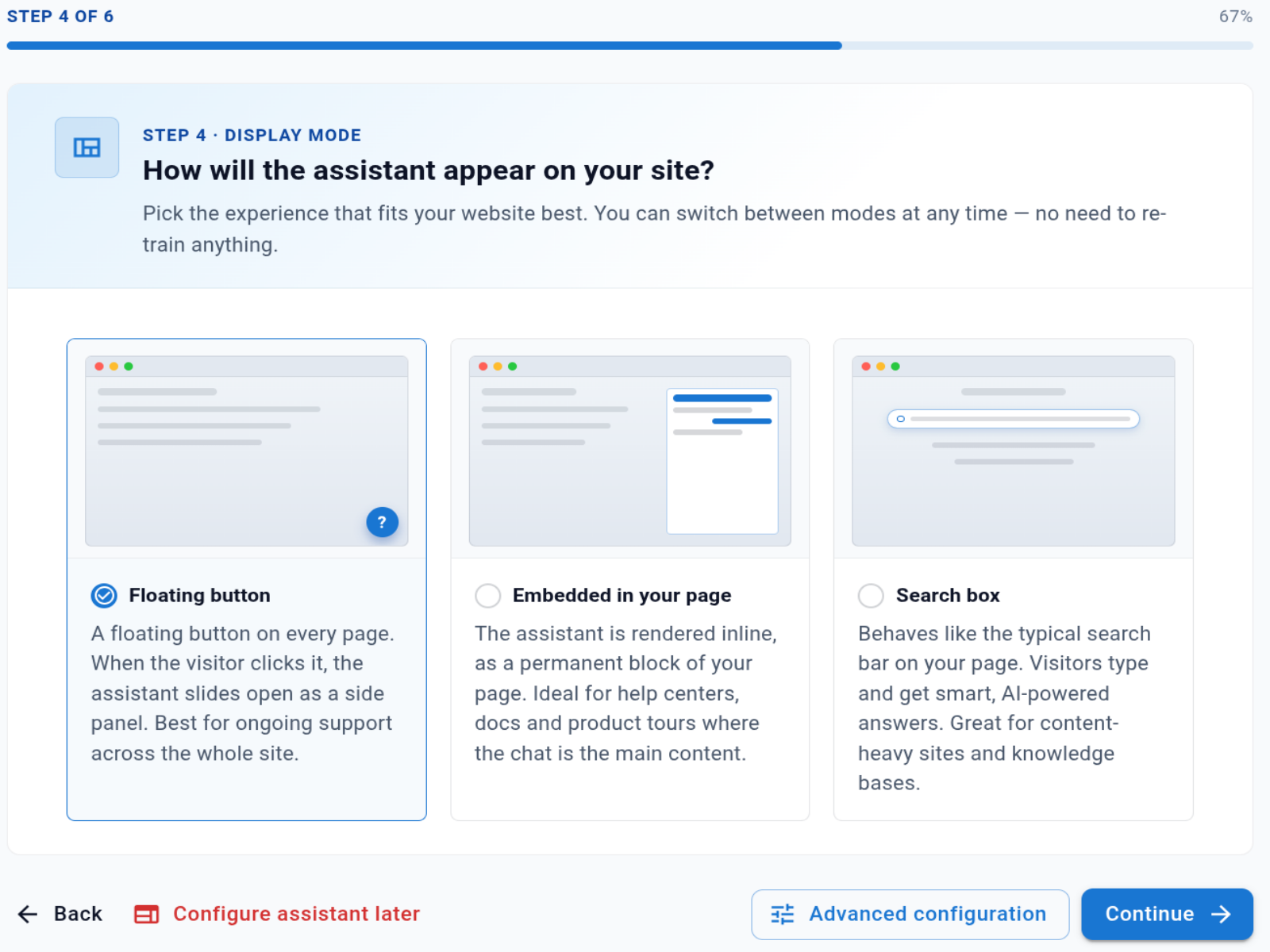 Step 4 · Display mode — floating button, embedded, and search box, each with a preview and description (sample data).