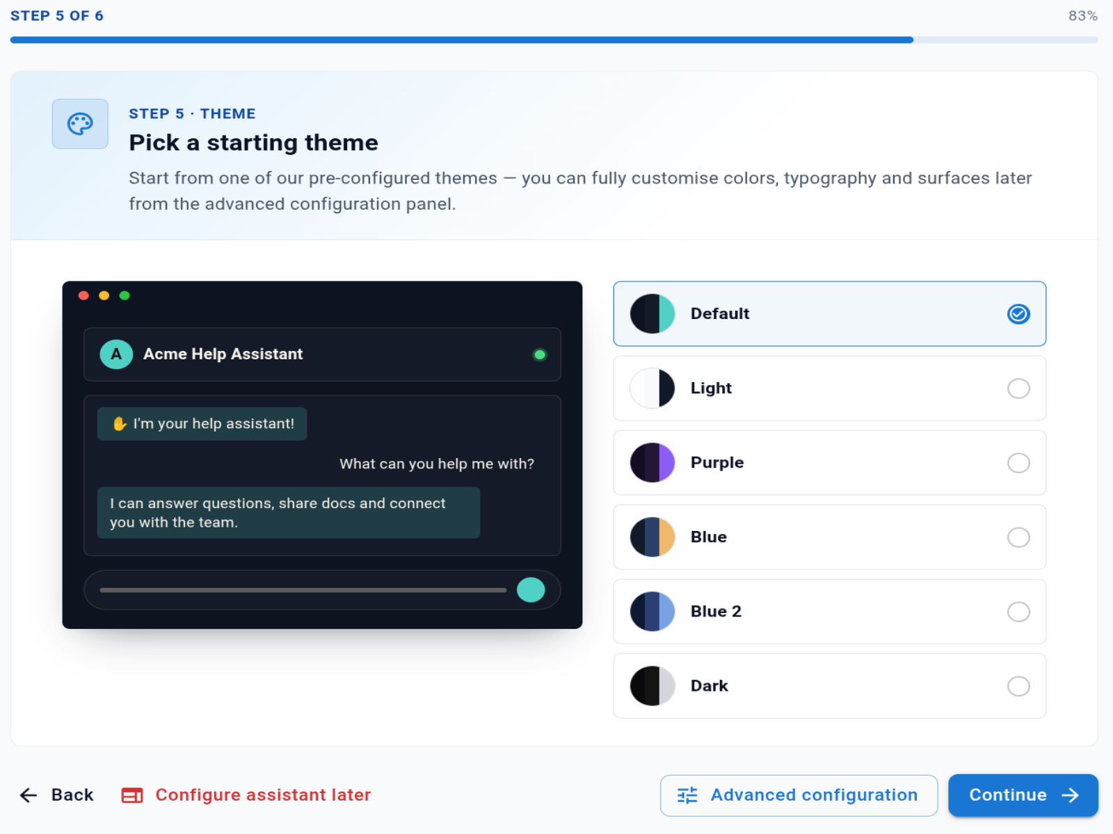 Step 5 · Theme — the six built-in themes with a live preview of the selected one (sample data).