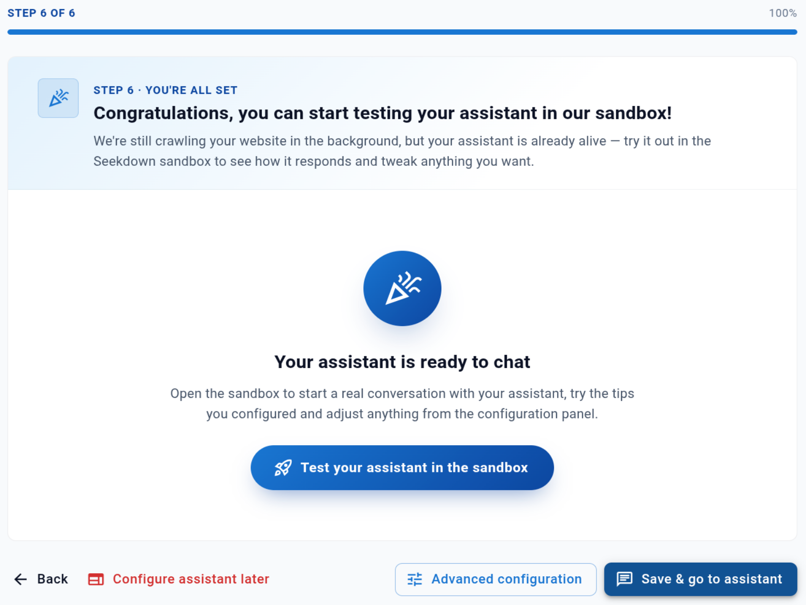 Step 6 · Done — the assistant is ready to chat, with a button to open the sandbox (sample data).