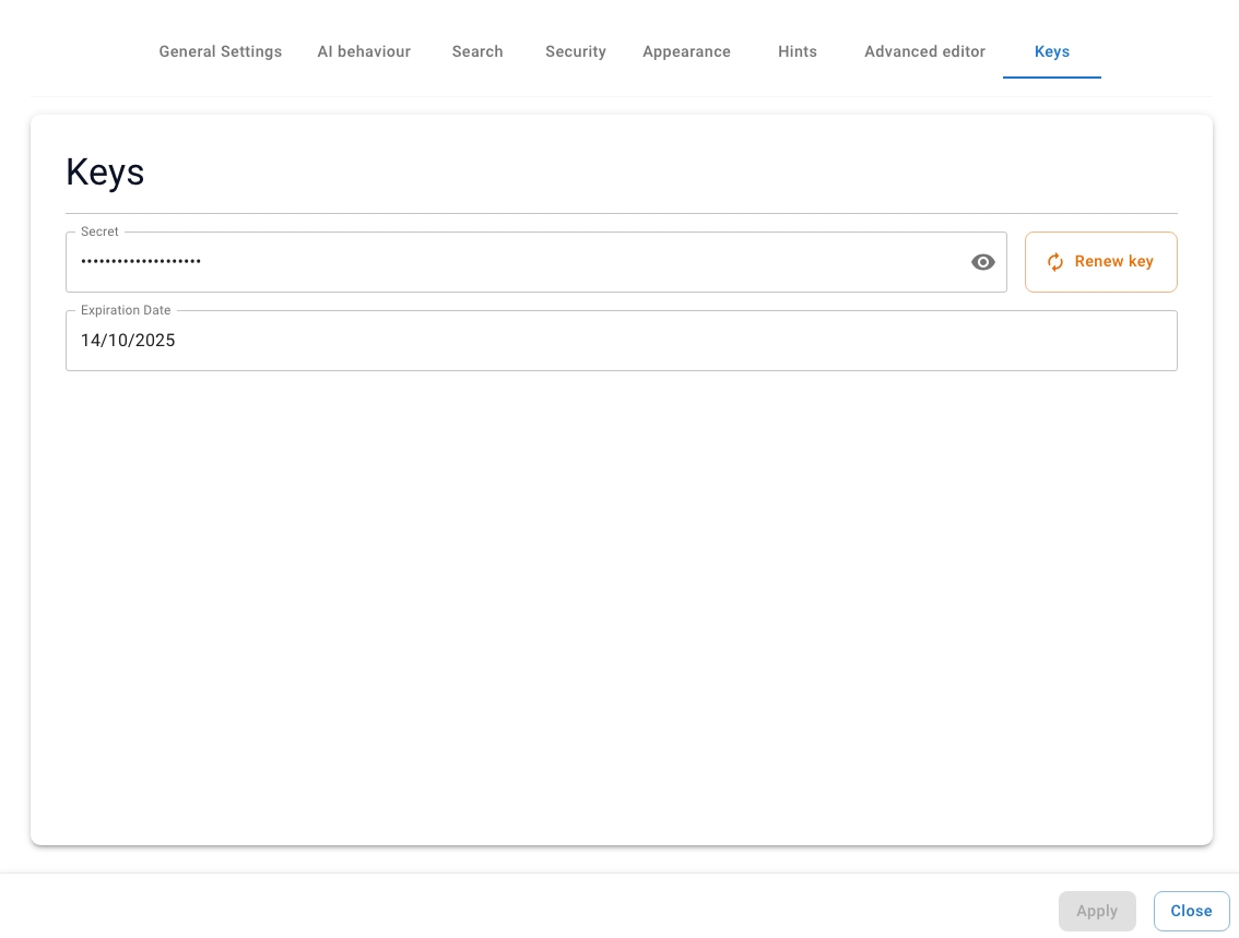The assistant's Keys tab — reveal and copy the API key.