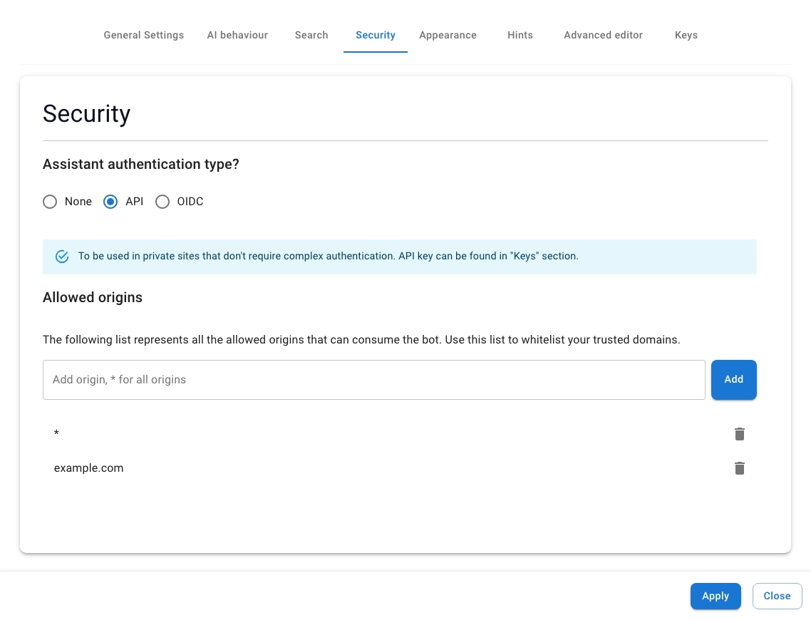 The assistant's security settings — confirm API mode and add your domain to allowed origins.