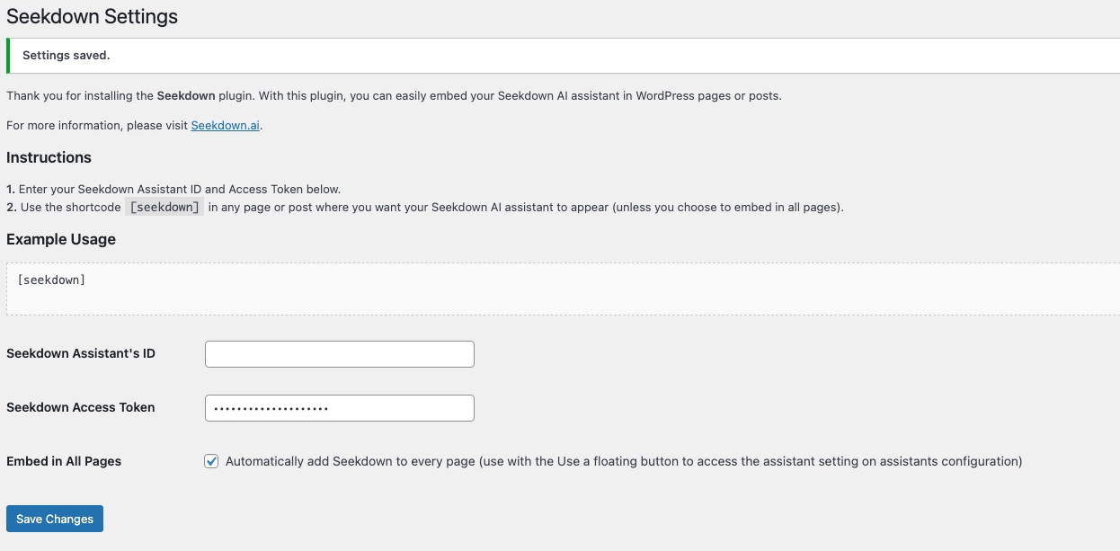 The Seekdown settings page in WordPress — assistant ID, access token, and "Embed in All Pages" checkbox.