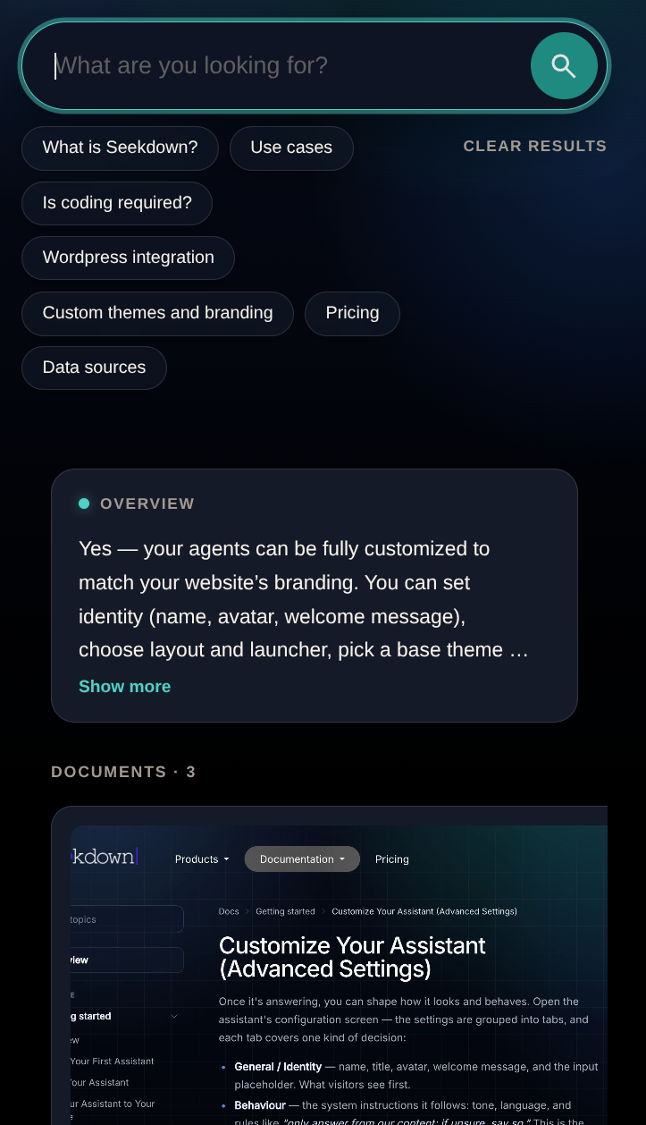 A Search Center in a narrow layout with suggested questions and a sample result