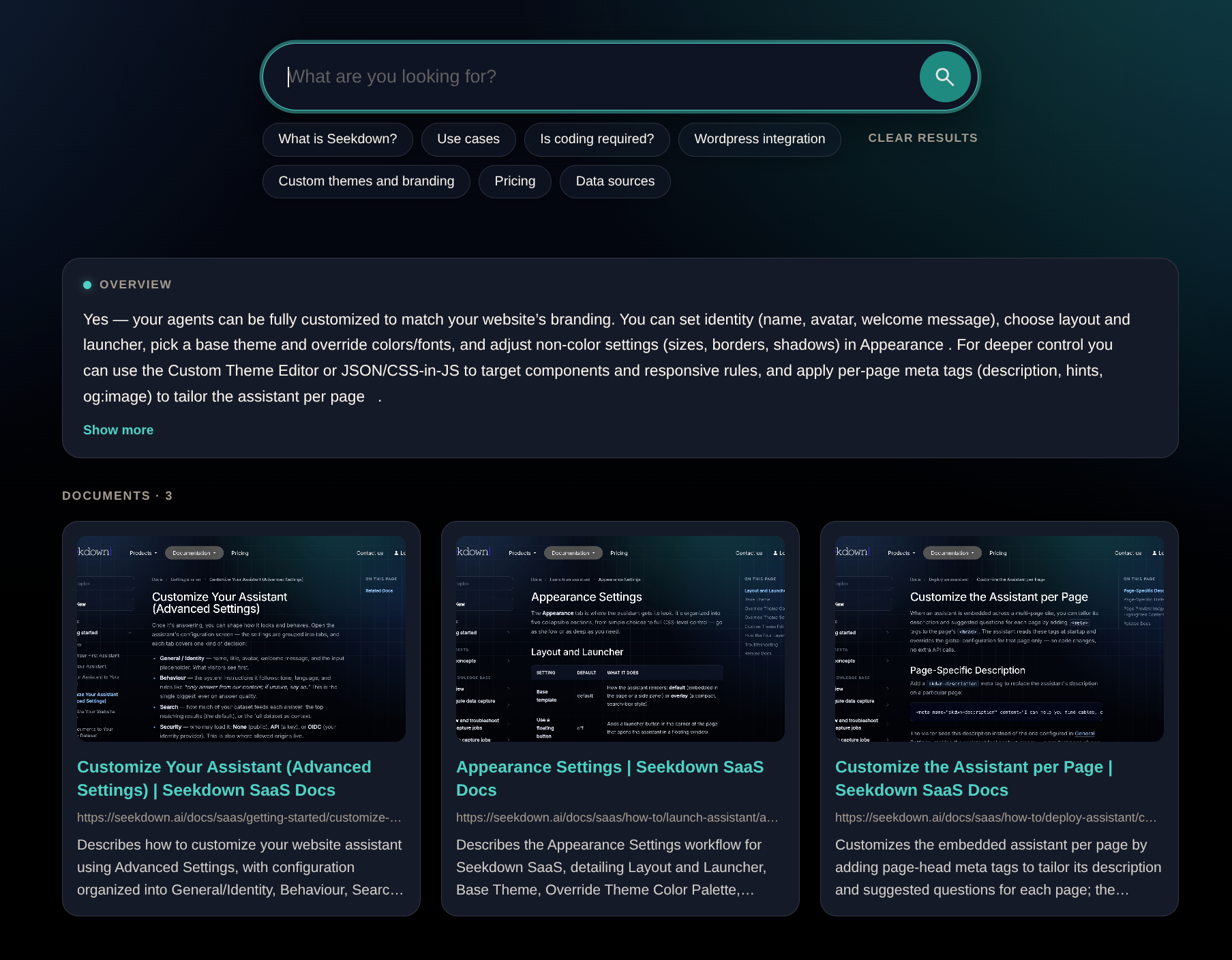 Smart Search Center showing a direct answer with links to its source pages.